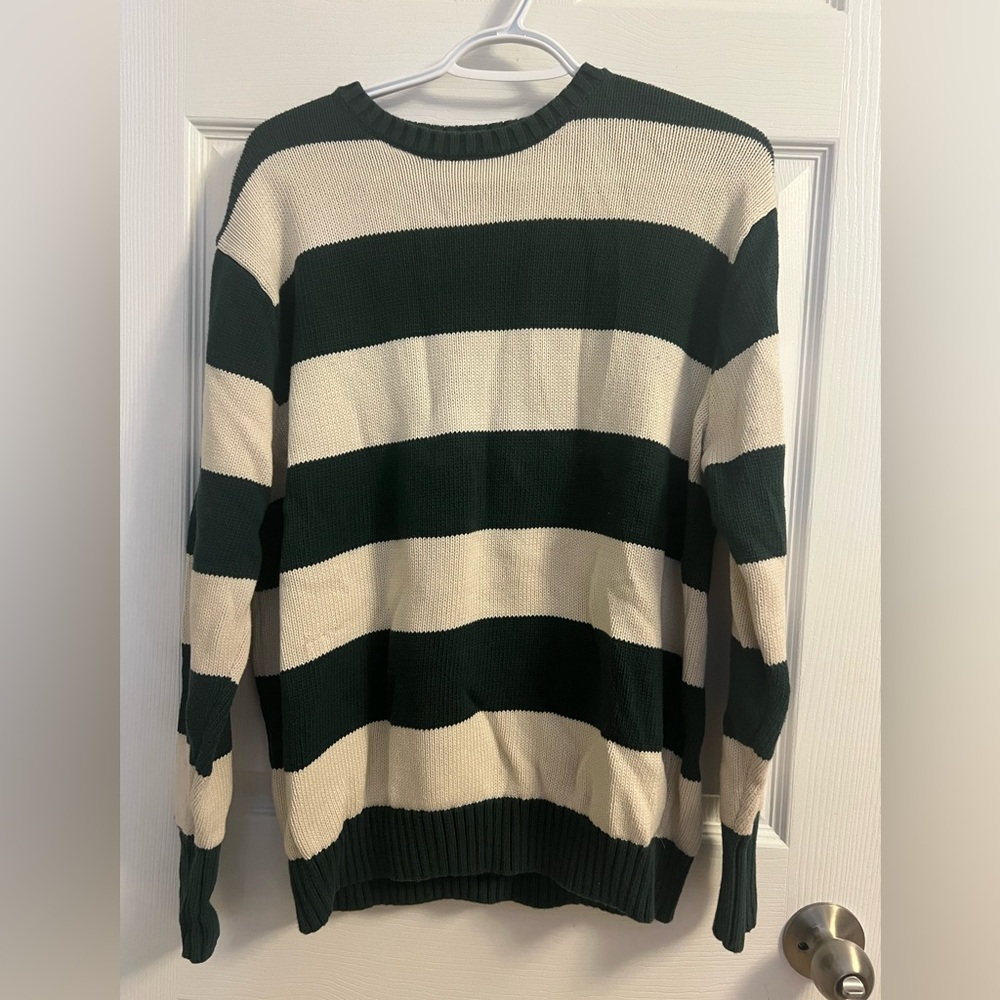 Brandy Melville Green and Cream Striped V-Neck Sweater